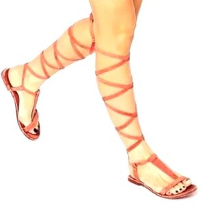 Free PEOPLE Women's Strappy Sandals FLATS ReD BURGUNDY Gladiator Leather